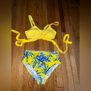 Yellow and Blue Leaf Print Bikini Set